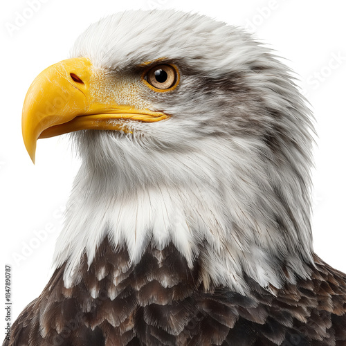 Bald Eagle Shows Sharp Features and Bright Colors in Close-Up View Against Pl...