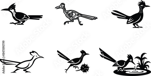 Angry roadrunner mascot face alongside happy cartoon running birds for a diverse emotional range in vector logo sets.
