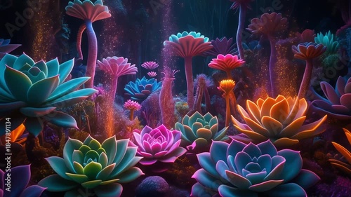 Vibrant Fantasy Garden with Neon Succulent Plants and Glow