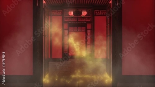 Red Chinese Style Temple Interior with Open Doors and Lanterns