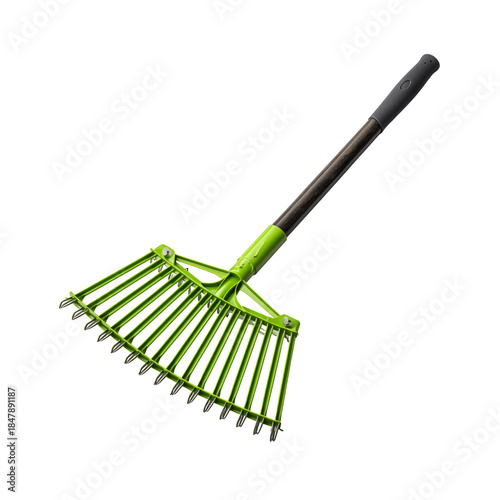 Garden Rake With a Long Handle Used for Yard Work and Lawn Care in a Sunny Ou...