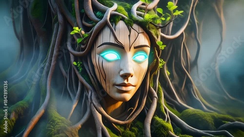 Mother Nature Concept Wood Face Statue Amidst Forest Roots