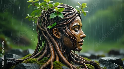 Concept Art of Earth Goddess Face Made of Tree Roots