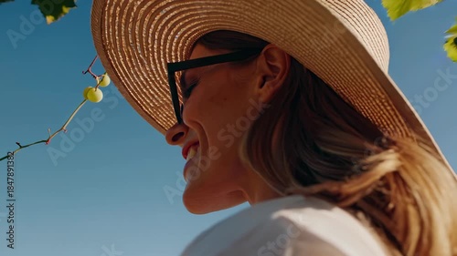 Young woman in a sun hat and sunglasses smiling as she gently touches ripe grapes on a sunny vineyard vine, enjoying summer harvest, nature and wine-country leisure