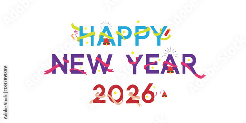 Happy New Year 2026 Greeting Card with Confetti and Sparkles