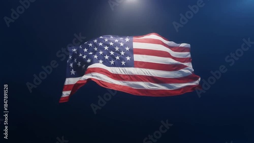 Dynamic American Flag Waving Against Dark Blue Copy Space Sky