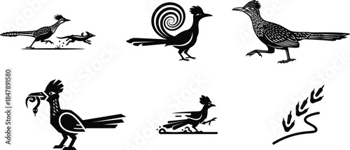 High contrast black roadrunner bird clip art collection with isolated white backgrounds for easy integration into digital projects.