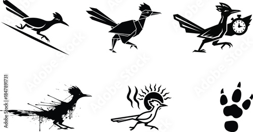 Black and white line art of roadrunners featuring tribal tattoo styles and clean modern logo vectors for designers.
