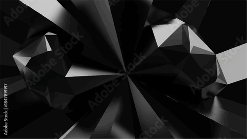 Abstract dark crystal facets with sharp geometric edges reflecting light