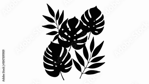 Elegant black silhouette of lush tropical leaves creating a natural, organic pattern on a white background.