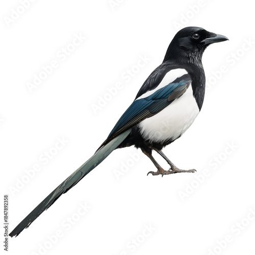 Bird Stands Alone on a White Background With a Black and White Plumage and Lo...