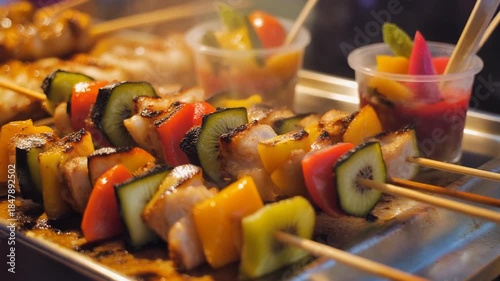 Colorful Food Skewers with Meat, Vegetables, and Kiwi