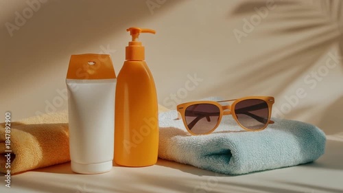 Summer Essentials: Sunscreen, Sunglasses, and Towels for Beach Trip.