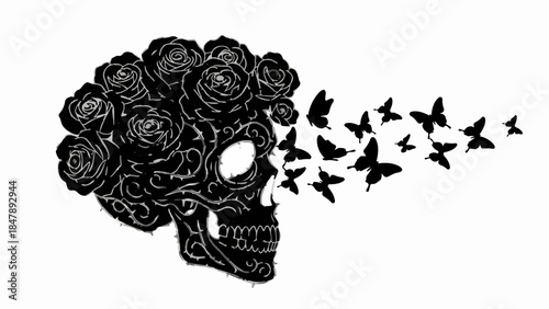Dark roses bloom from a skull as butterflies take flight, symbolizing transformation and freedom.