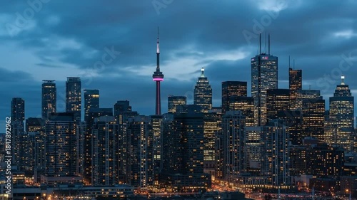 Toronto city skyline at dusk, showcasing its iconic architecture and vibrant urban landscape