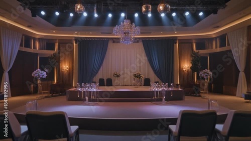 Elegant empty conference hall with stage and rows of chairs