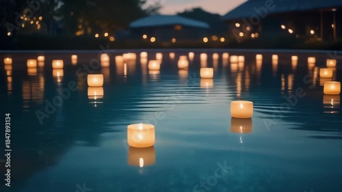 Warm Floating Candles on Dark Water with Bokeh Background