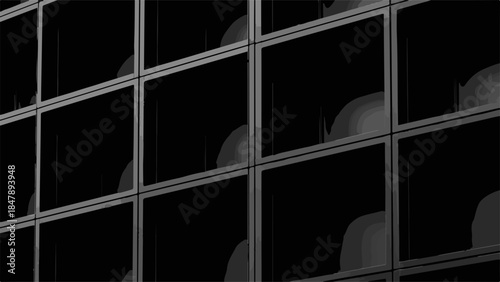 Monochromatic abstract pattern of repeating glass window panes with dark reflections
