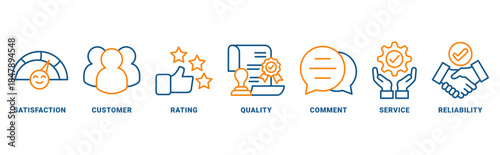 Feedback icon set vector concept with icon of satisfaction, customer, rating, quality, comment, service, reliability.