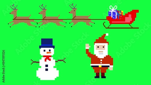 Pixel art style animation with a Santa Claus, a sleigh, and a snowman moving on a green background, art, vintage, 2D.