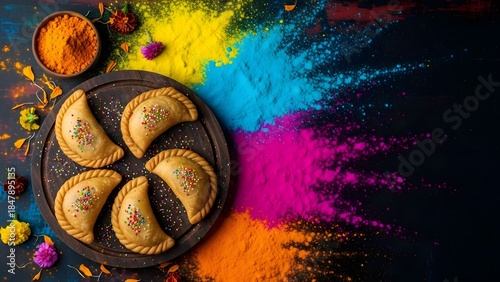 Vibrant holi celebration with traditional gujiya sweets and colors