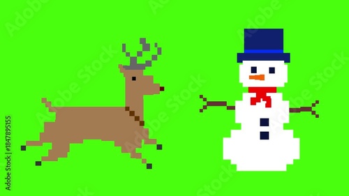 Pixel art style animation with a snowman and a reindeer moving on a green background. Vintage art, 2D.