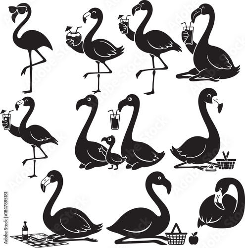 Funny Flamingo Cartoon Characters with Drinks and Picnic Set