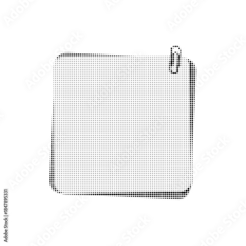 Minimal halftone blank note card with paper clip icon. Black and white dotted illustration of empty reminder, memo or message template, isolated on white background.