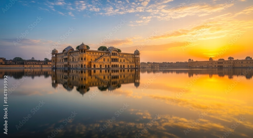 Naklejka premium Sunrise Over Water Palace: Witness the majestic water palace mirrored in the tranquil lake at dawn, with the sun's warm hues painting the sky.