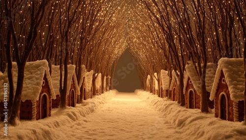 Whimsical pathway lined with small snow-covered cottages illuminated by overhead fairy lights