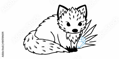Charming illustration of a fluffy white fox with a bushy tail, sitting peacefully with a subtle geometric gem accent
