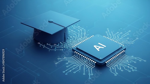 Artificial intelligence education concept featuring graduation cap and circuit board representing the future of learning and advanced technology skills in universities and online courses