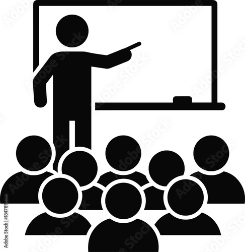 Black and white classroom teaching icon showing instructor pointing at board while presenting lesson to a group of students in education setting