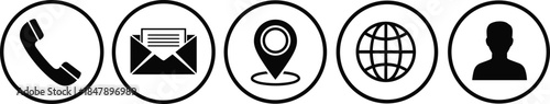 Black and White Icon Set of Essential Contact Information Symbols Phone, Email, Location Pin, Internet Globe, and User Profile.