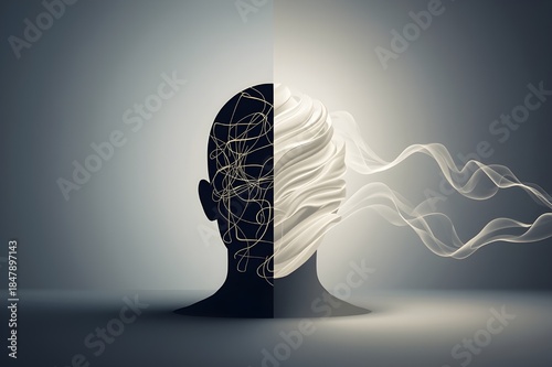 Abstract depiction of a brain divided into chaotic thoughts and calm neural network for mental health awareness.
