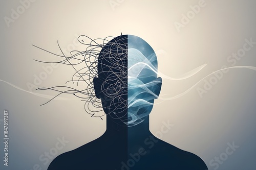 Abstract depiction of a brain divided into chaotic thoughts and calm neural network for mental health awareness.