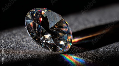 A perfectly cut, faceted gem casts a rainbow spectrum of light on a textured surface against a dark background