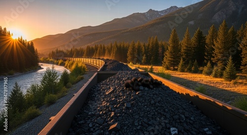 Coal Train Journey: A freight train car filled with coal snakes its way through a scenic mountainous landscape, carrying its valuable cargo as the sun sets over the river and pine forest.