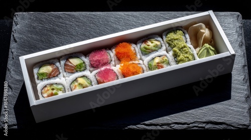 Sushi assortment in a white box with pickled ginger and wasabi on a dark slate surface. The rolls are colorful