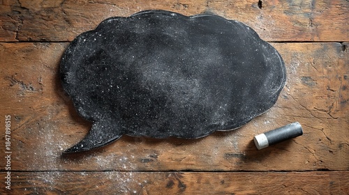 A black, cloud-shaped chalkboard, sits on a weathered wooden surface, with a chalk stick. Dusty texture