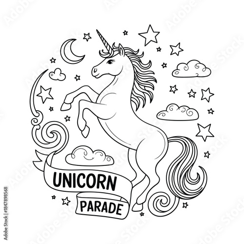Unicorn parade with stars and clouds in the sky