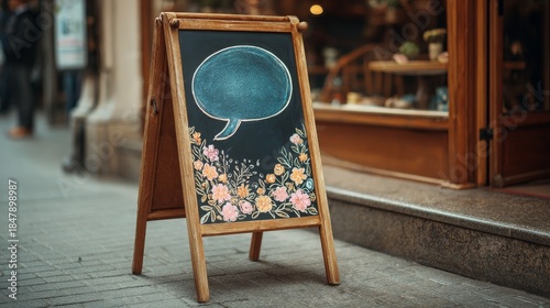 A-frame chalkboard sign outdoors, speech bubble, floral design, wooden frame, sidewalk setting, blurred cafe background