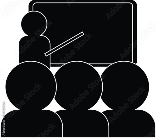 Black and white lecture or presentation icon showing a teacher standing in front of a board while explaining to an audience.