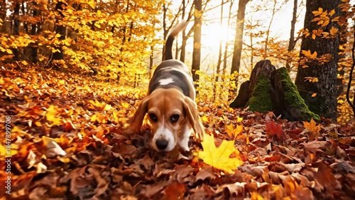 Beagle dog exploring autumn forest, sniffing fallen leaves, enjoying natures beauty.