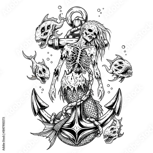 Mermaid skeleton skull tattoo design anchor.