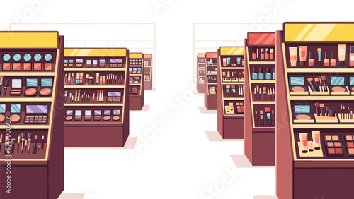 Rows of cosmetic displays showcase a wide variety of makeup products in a brightly lit retail environment.