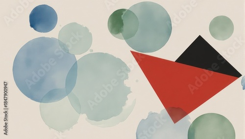 Abstract Geometric Composition with Circles and Triangles in Muted Colors.