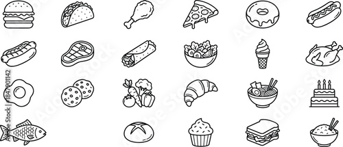 Big collection of linear icons about food and drink with fast food snacks and desserts in black outline style