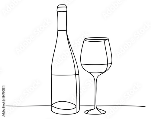 Simple wine bottle and glass set with line art