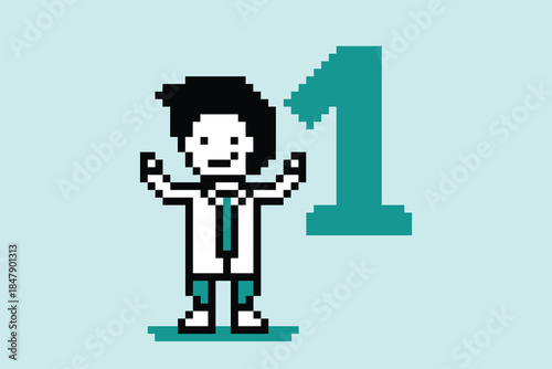 Cartoon background doctor or scientist man game care medicine decoration pharmacist male doctor uniform hospital 8 bit male pixel art 8 bit vector.